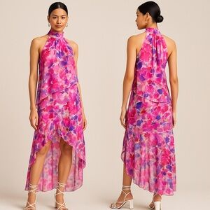 MISA Los Angeles Victorine Pink Floral High Low Halter Dress NWT Size Small